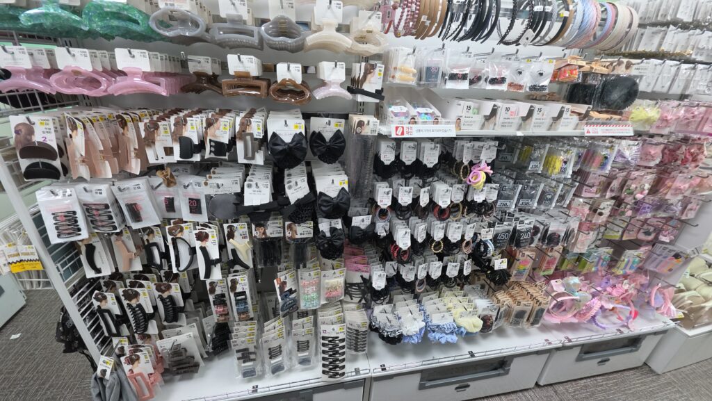 Hair tie and women's accessory display stand at Daiso Korea