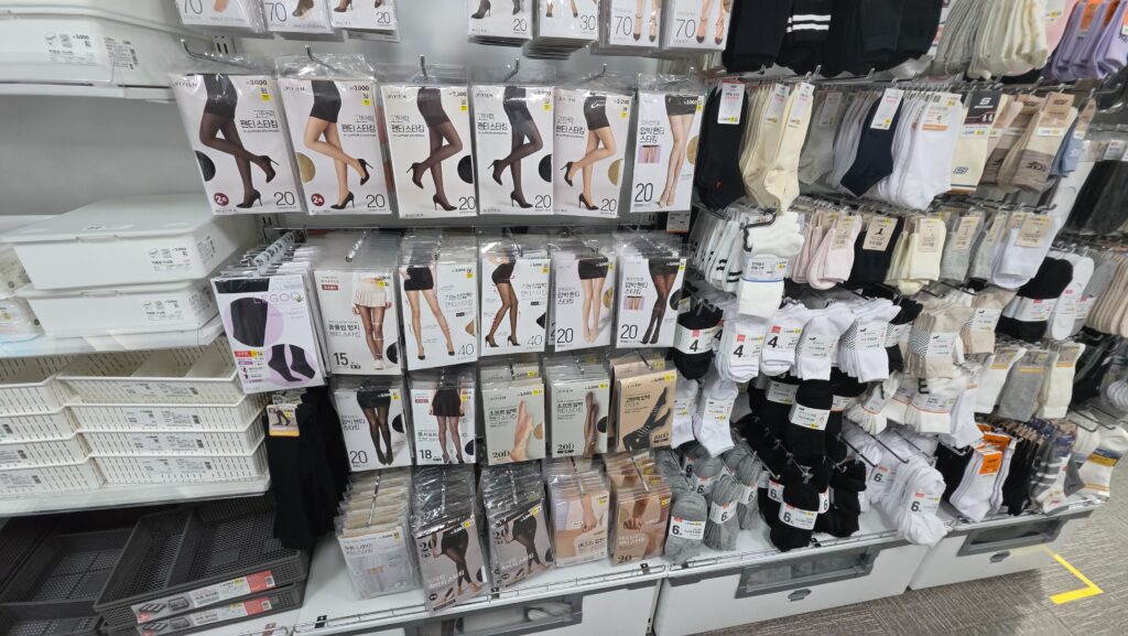 Women's stocking and sock display rack at Daiso Korea