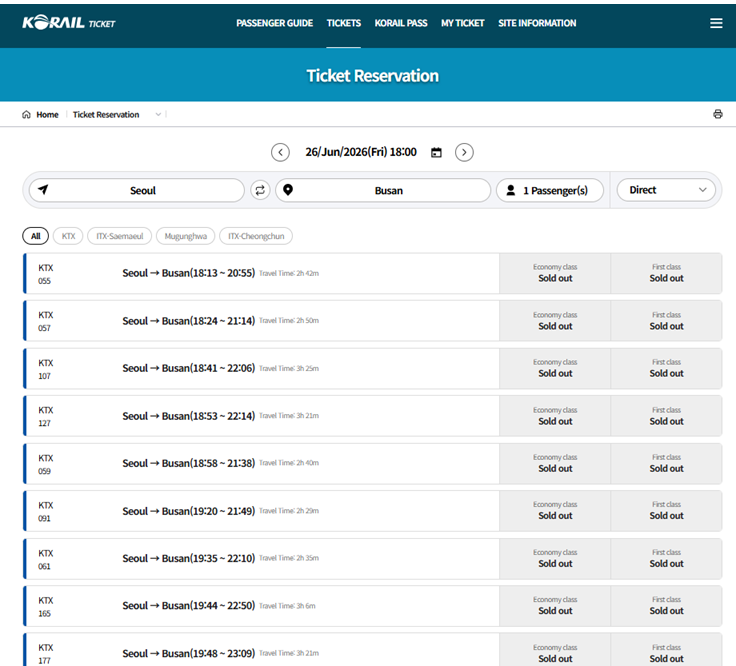 The soul-crushing screen you see when searching for weekend KTX tickets to Busan.