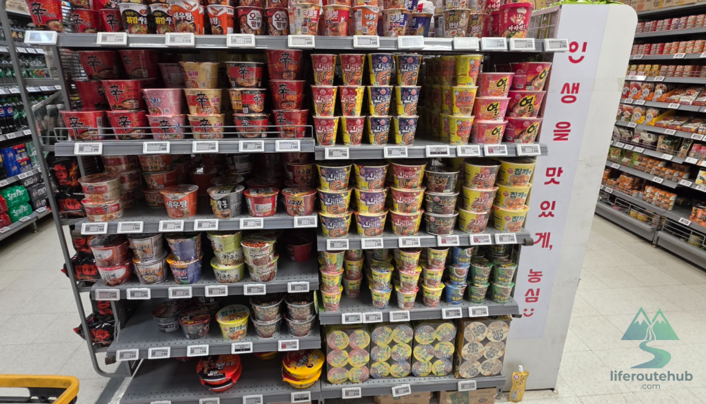 Korean Grocery Store 101: How to Shop at E-mart in South Korea ramen on the shelves at E-mart stores
