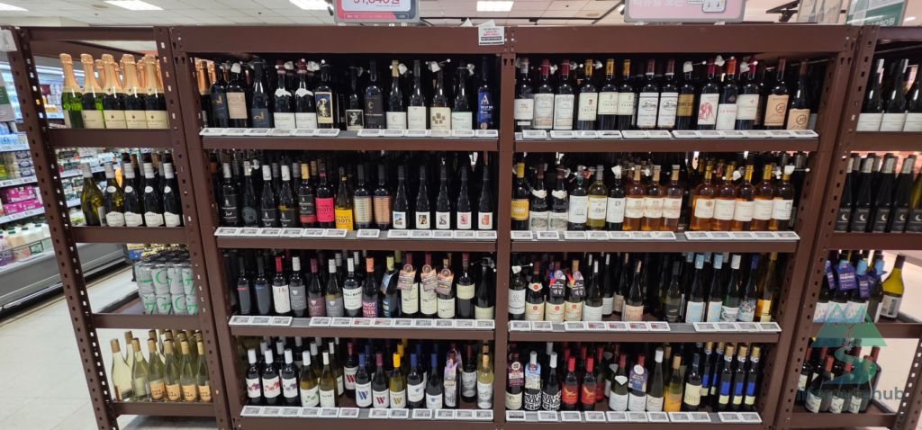 Korean Grocery Store 101: How to Shop at E-mart in South Korea The wine section on the shelves at E-mart stores