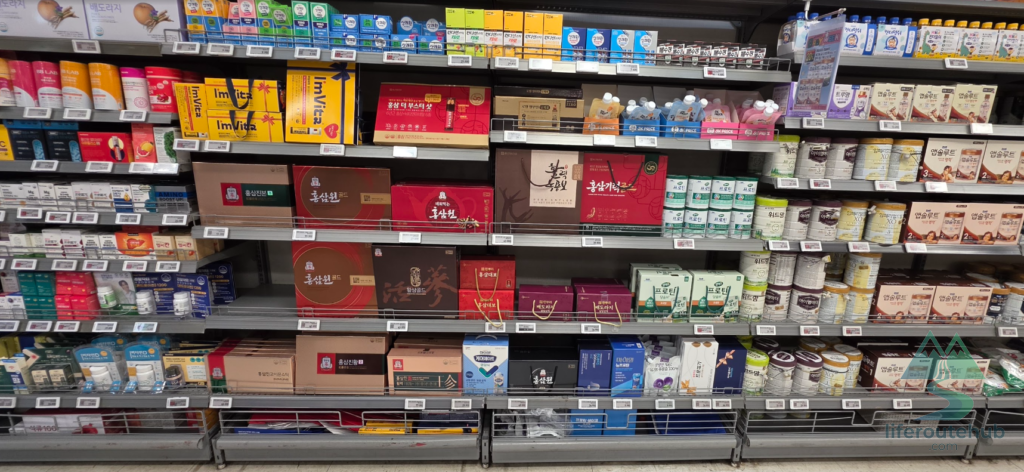 Korean Grocery Store 101: How to Shop at E-mart in South Korea The health functional food corner, including Cheong Kwan Jang red ginseng, on the shelves of E-mart stores