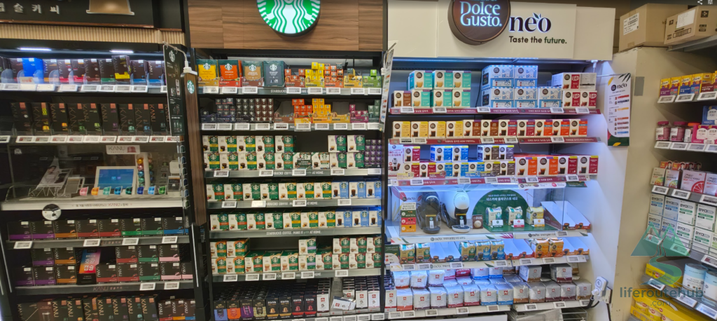 Korean Grocery Store 101: How to Shop at E-mart in South Korea Starbucks coffee and various other coffees on the shelves of E-mart stores