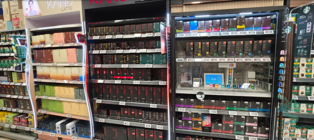 Korean Grocery Store 101: How to Shop at E-mart in South Korea Starbucks coffee and various other coffees on the shelves of E-mart stores